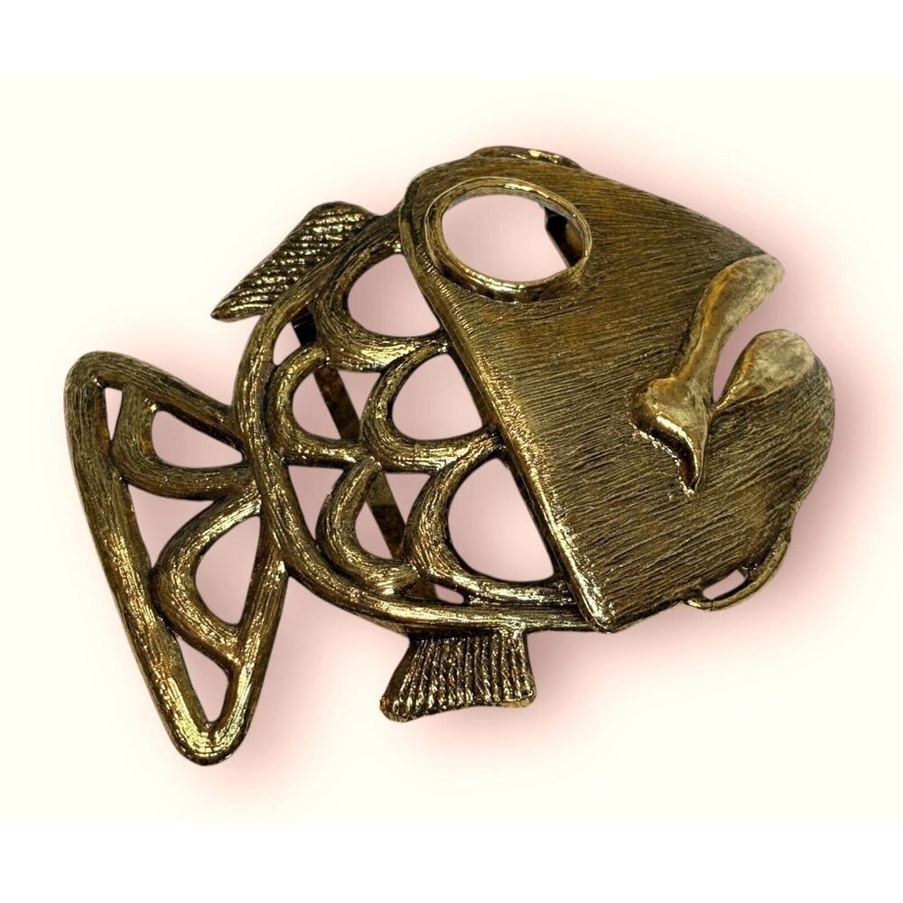 MASSIVE Vintage Unsigned Jacmore Co Fish Modernist Belt Buckle‎ Gold Tone MCM